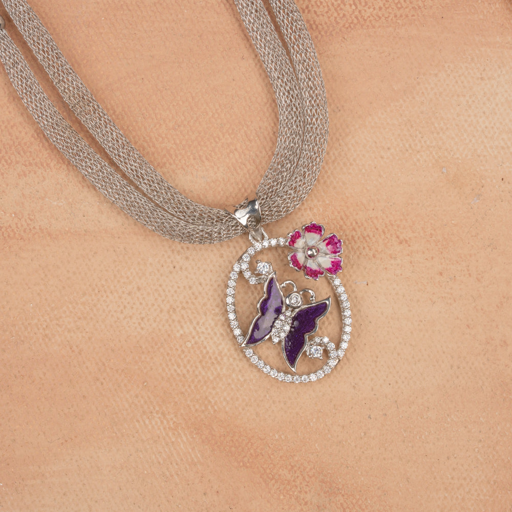 Flower butterfly - Silver Mesh Chain